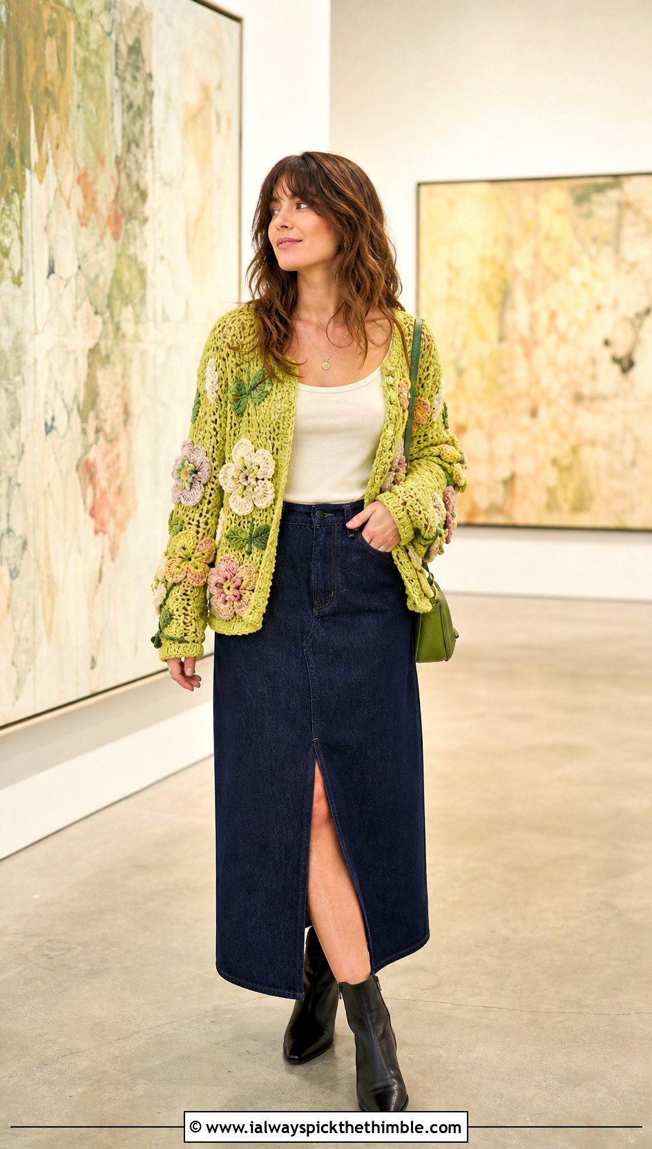 Floral Applique Crochet Cardigan With Denim Maxi Skirt - 20 Simple Crochet Cardigan For Women outfit ideas