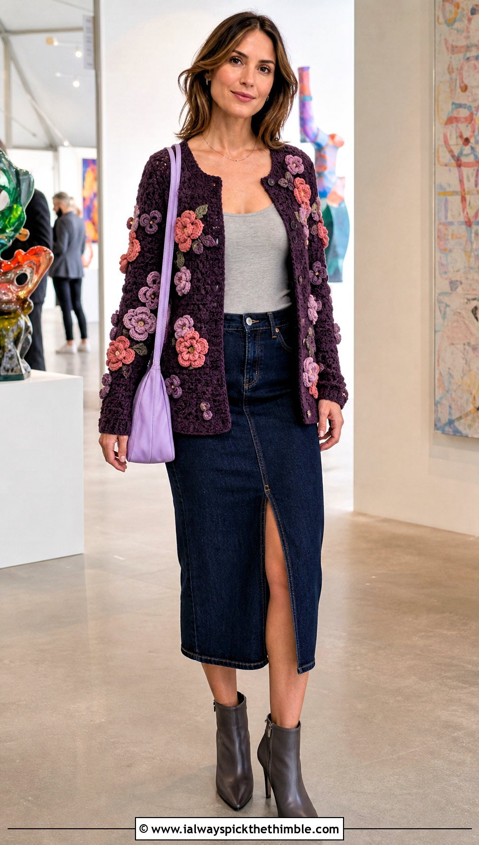 Floral Applique Crochet Cardigan With Denim Midi Skirt - 20 crochet for cardigans outfit ideas
