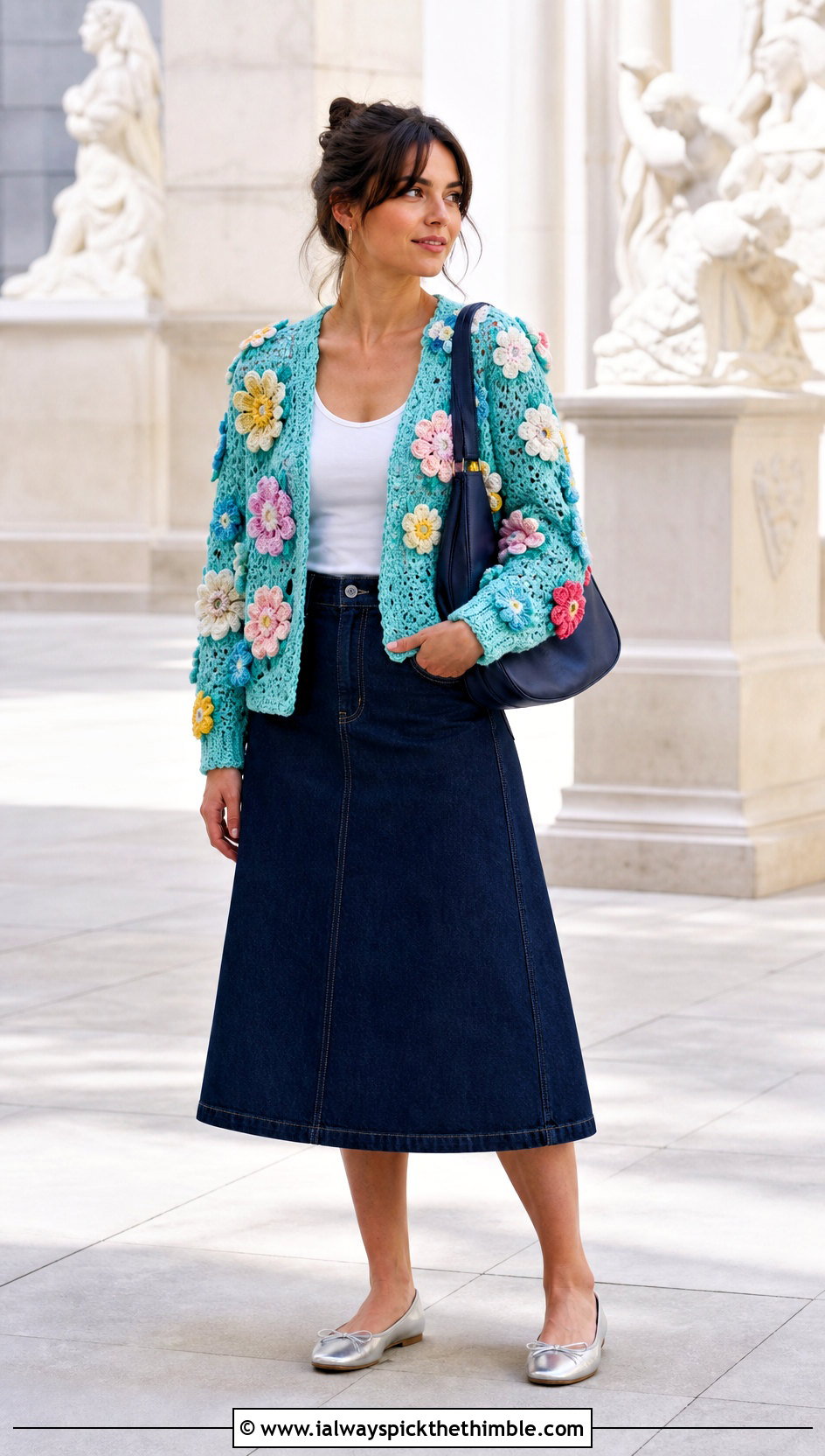 Floral Applique Crochet Cardigan With Denim Midi Skirt - 25 crochet cardigan ideas