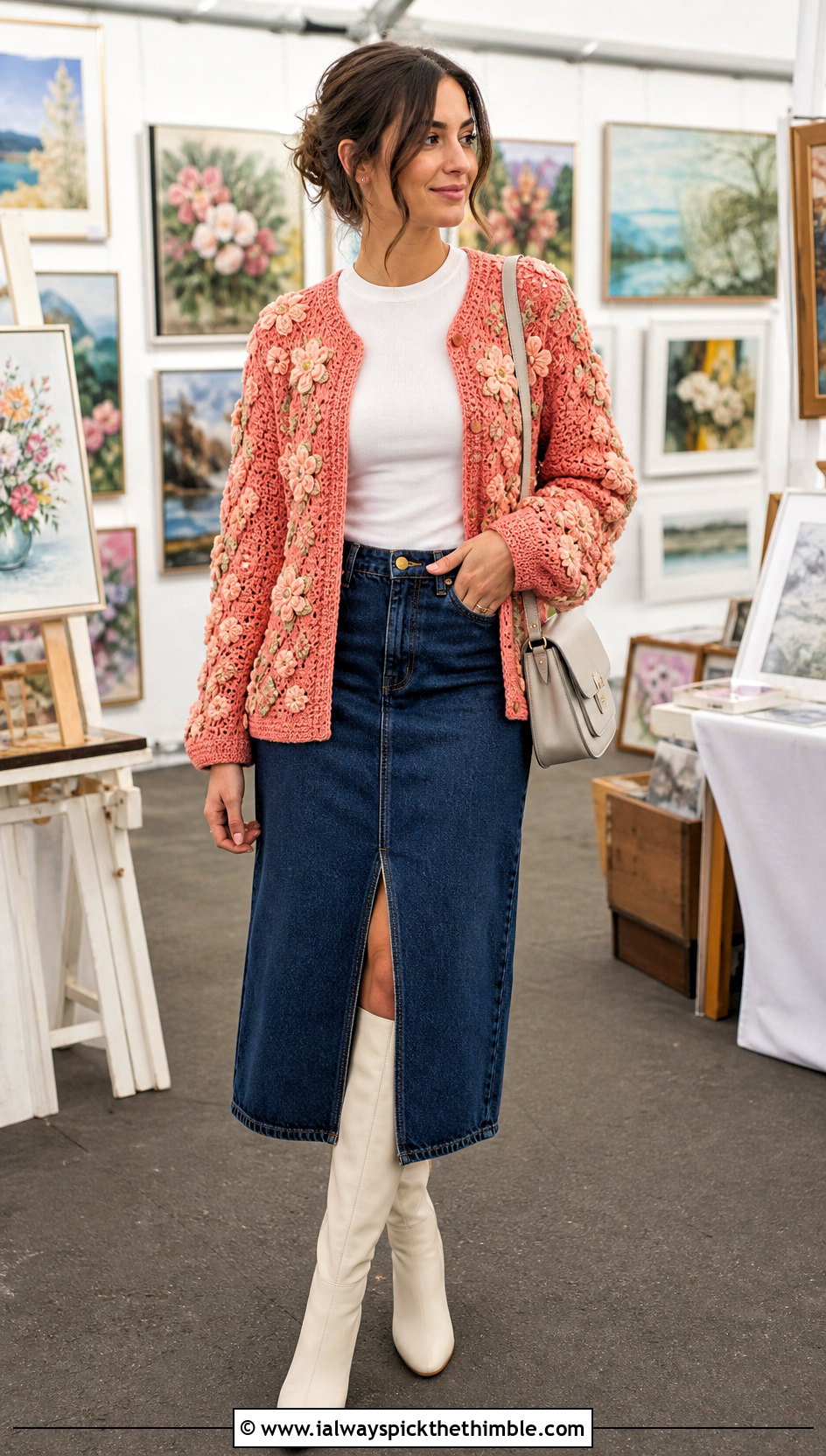 Floral Applique Crochet Cardigan With Denim Midi Skirt - 25 crochet cardigans for women outfit ideas