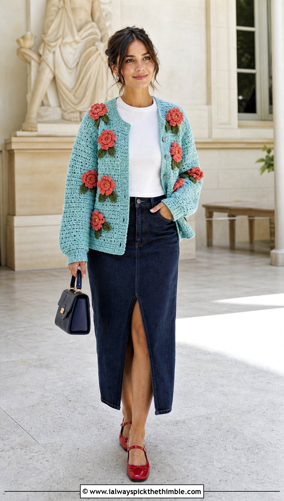 Floral Applique Crochet Cardigan With Denim Midi Skirt - 20 crochet cardigan design outfit ideas