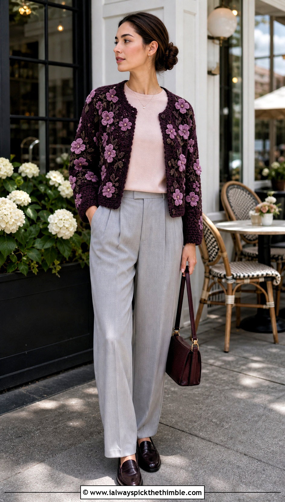 Floral Applique Crochet Cardigan With Pleated Trousers - 20 elegant crochet cardigan outfit ideas