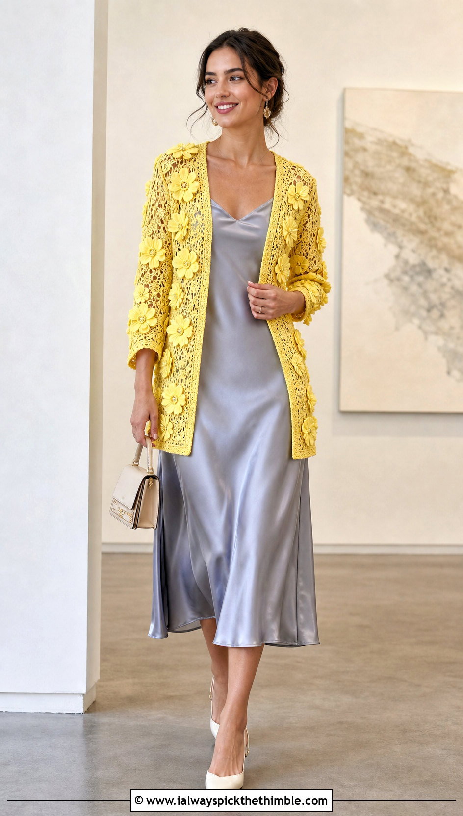 Floral Applique Crochet Cardigan With Satin Midi Dress - 20 Crochet Fancy Cardigan outfit ideas