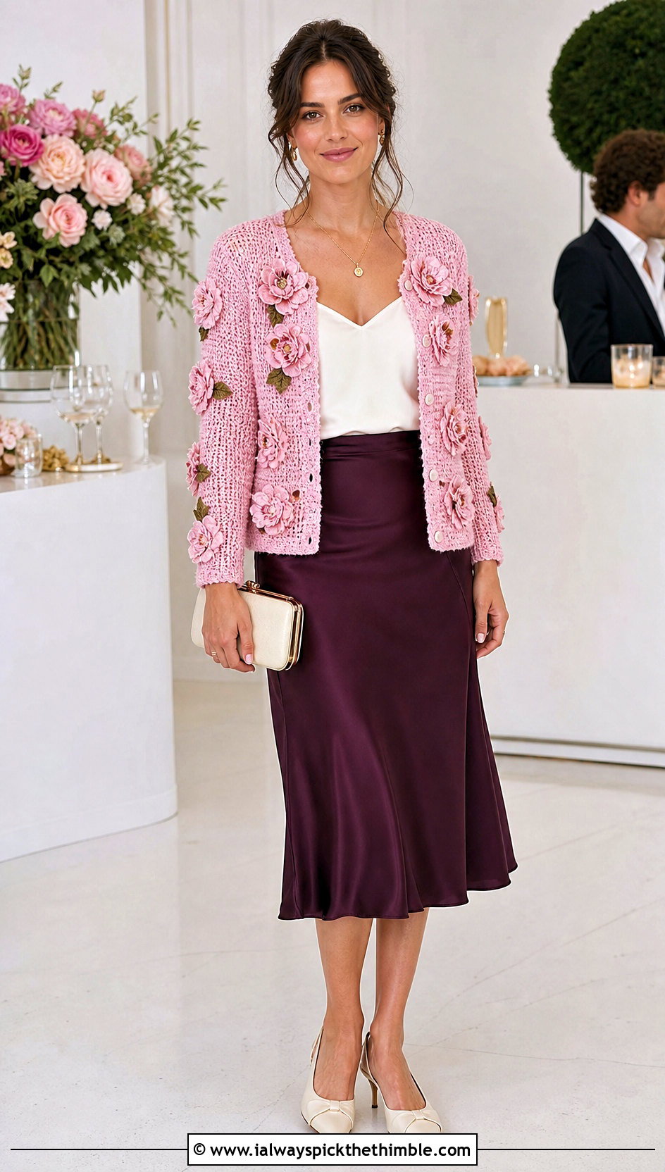 Floral Applique Crochet Cardigan With Satin Midi Skirt - 25 crochet cardigans outfit ideas