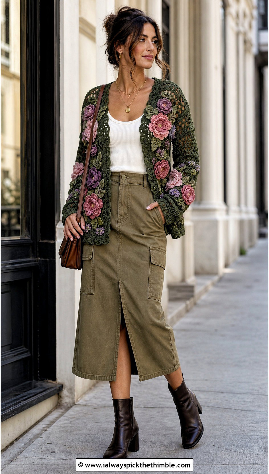 Floral Applique Crochet Cardigan With Utility Skirt - 20 womens crochet cardigan outfit ideas