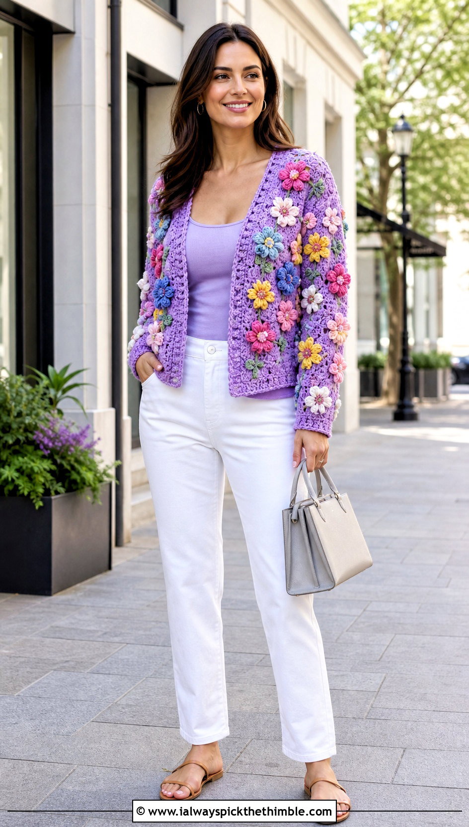 Floral Applique Crochet Cardigan With White Jeans - 20 cute crochet cardigans outfit ideas