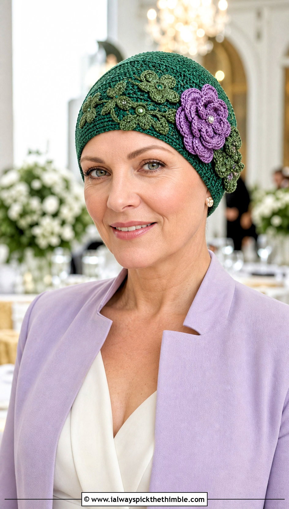 Floral Applique Crochet Chemo Cap With Jumpsuit - 20 Easy Crochet Chemo Hats outfit ideas