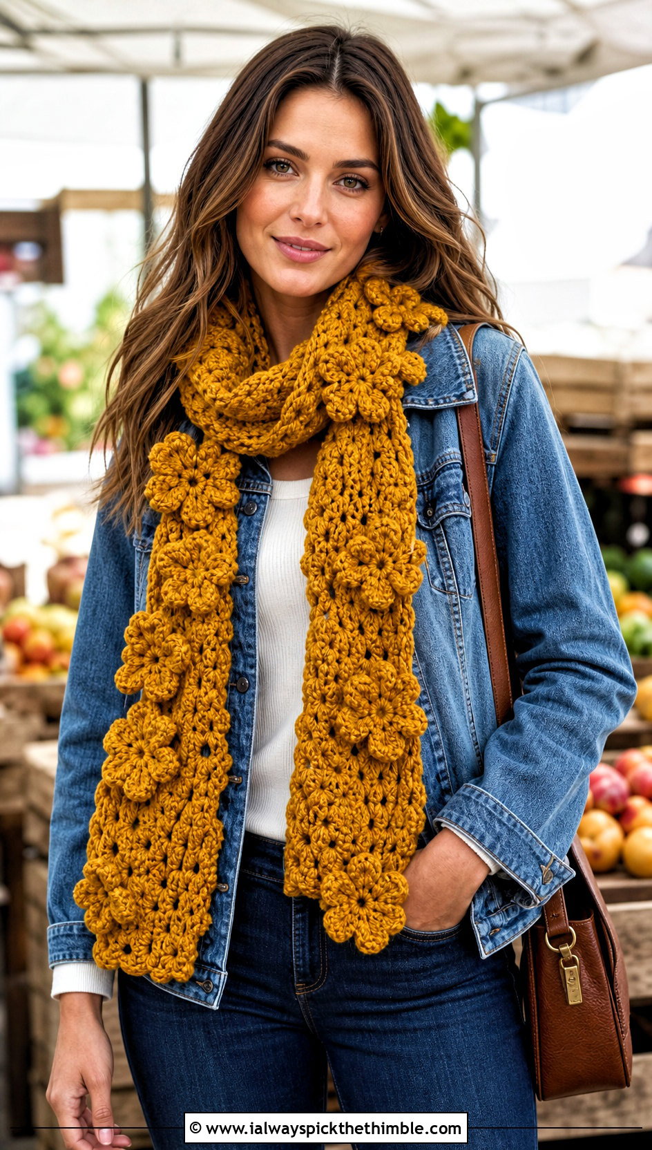 Floral Applique Crochet Chenille Scarf With Trucker Jacket - 20 crochet chenille scarf outfit ideas