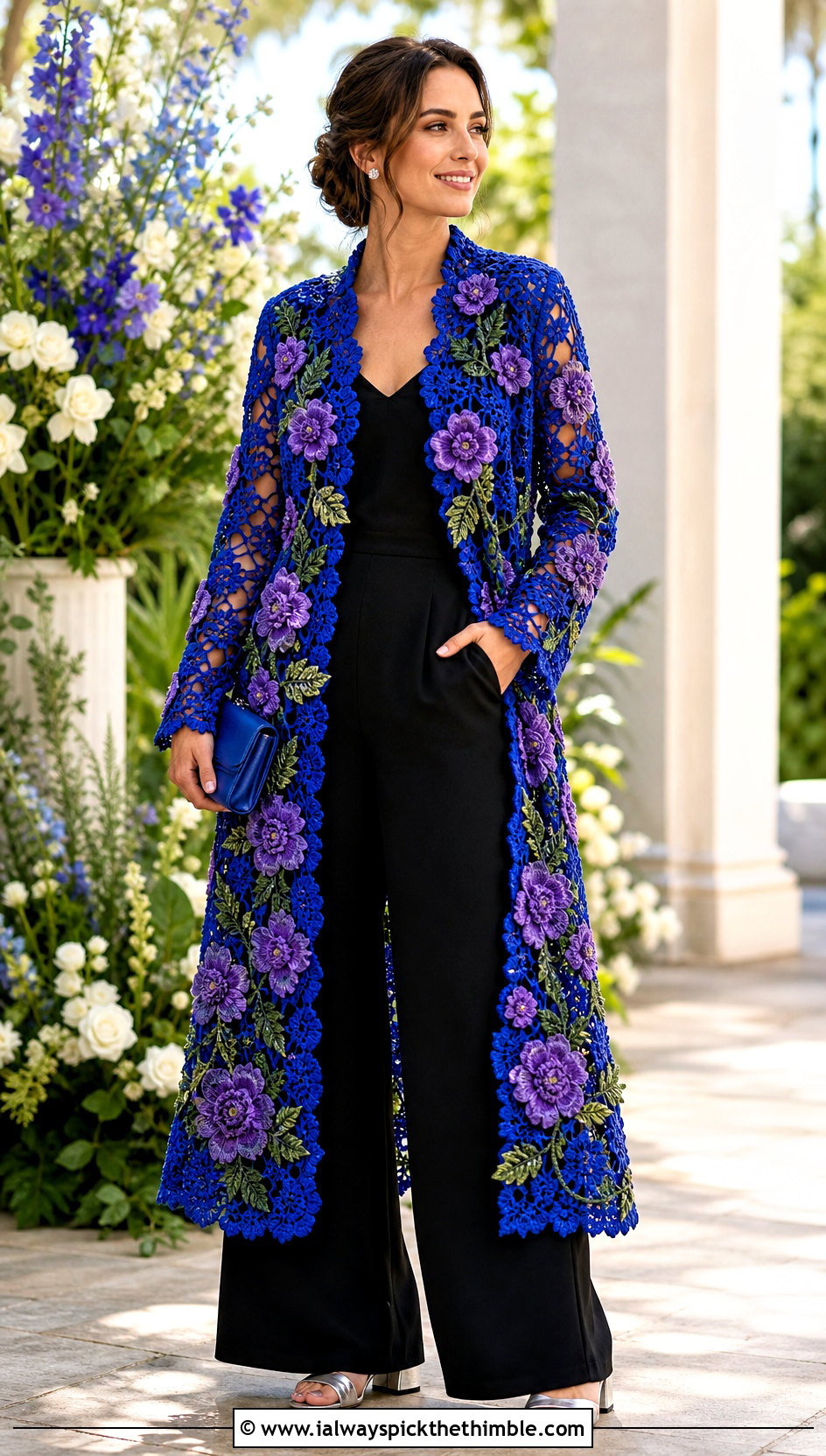 Floral Applique Crochet Coat With Jumpsuit - 20 women crochet coat outfit ideas