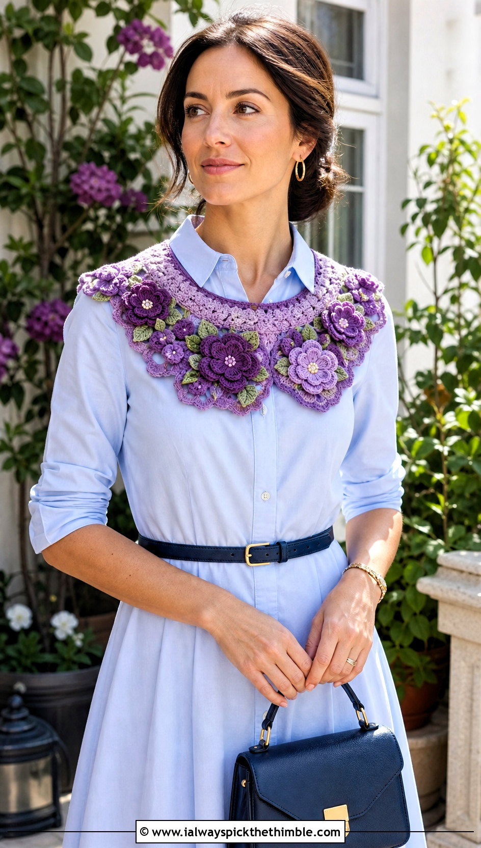 Floral Applique Crochet Collar With Poplin Shirt Dress - 25 crochet collar outfit ideas