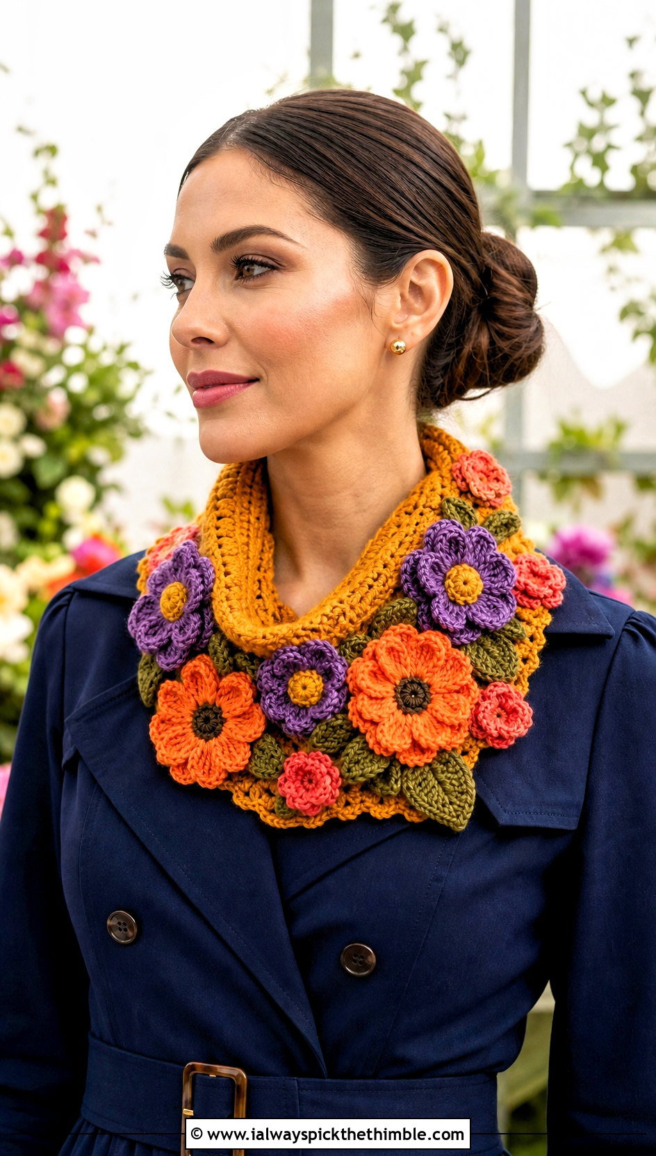 Floral Applique Crochet Cowl With Trench Dress - 25 crochet cowl outfit ideas