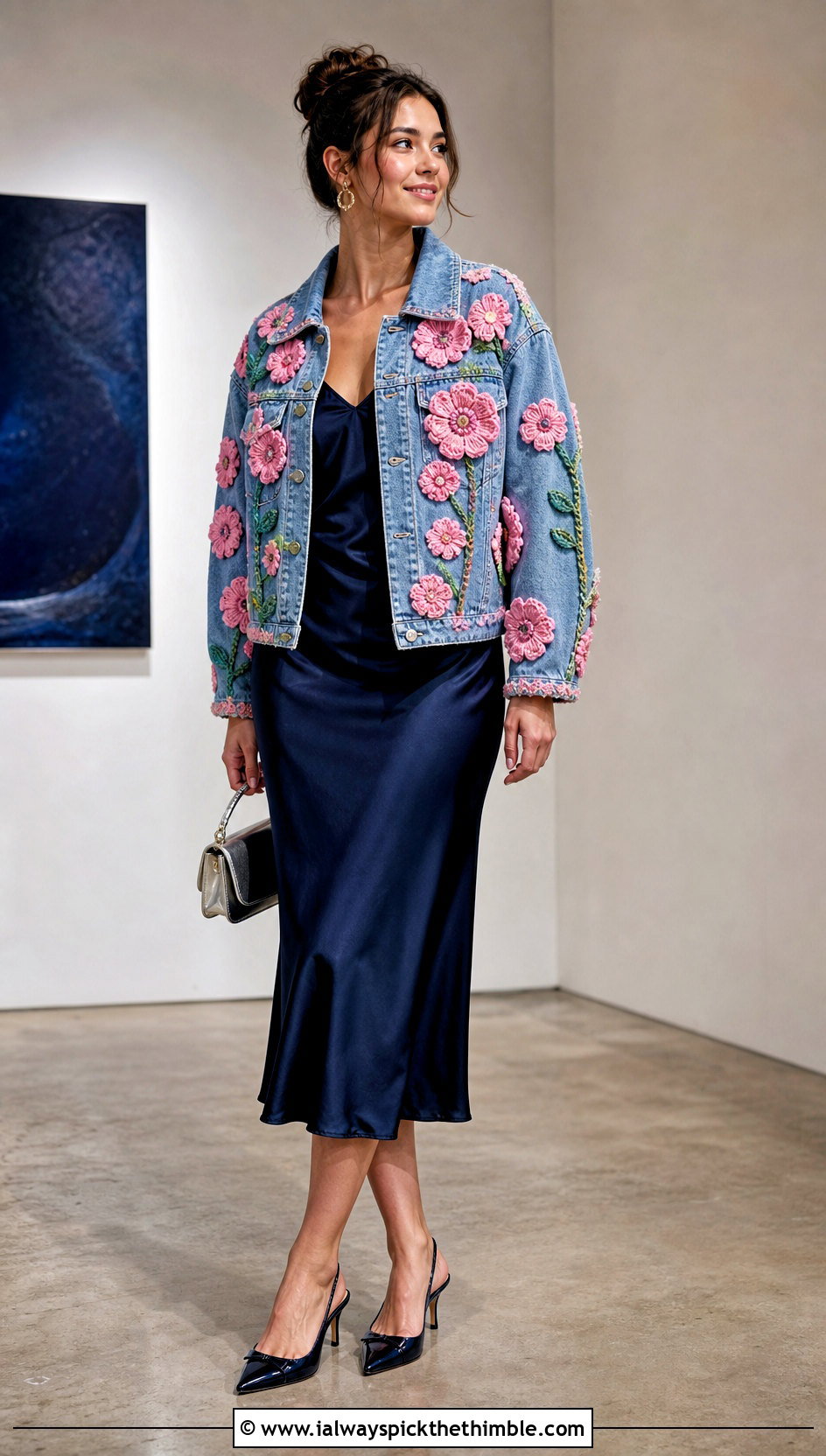 Floral Applique Crochet Denim Jacket With Slip Dress - 20 crochet denim jacket outfit ideas
