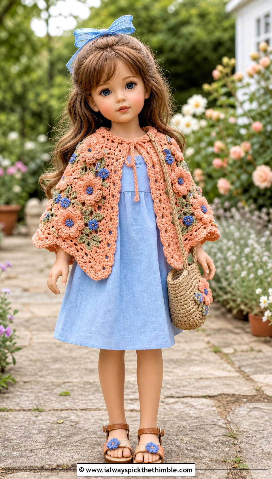 Floral Applique Crochet Doll Cape With Sundress - 20 Crochet Doll Cape outfit ideas
