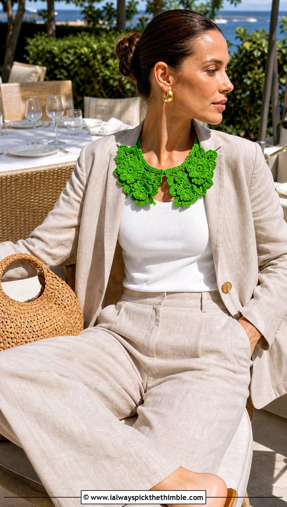 Floral Applique Crochet Doll Collar With Linen Suit - 20 Crochet Doll Collar outfit ideas