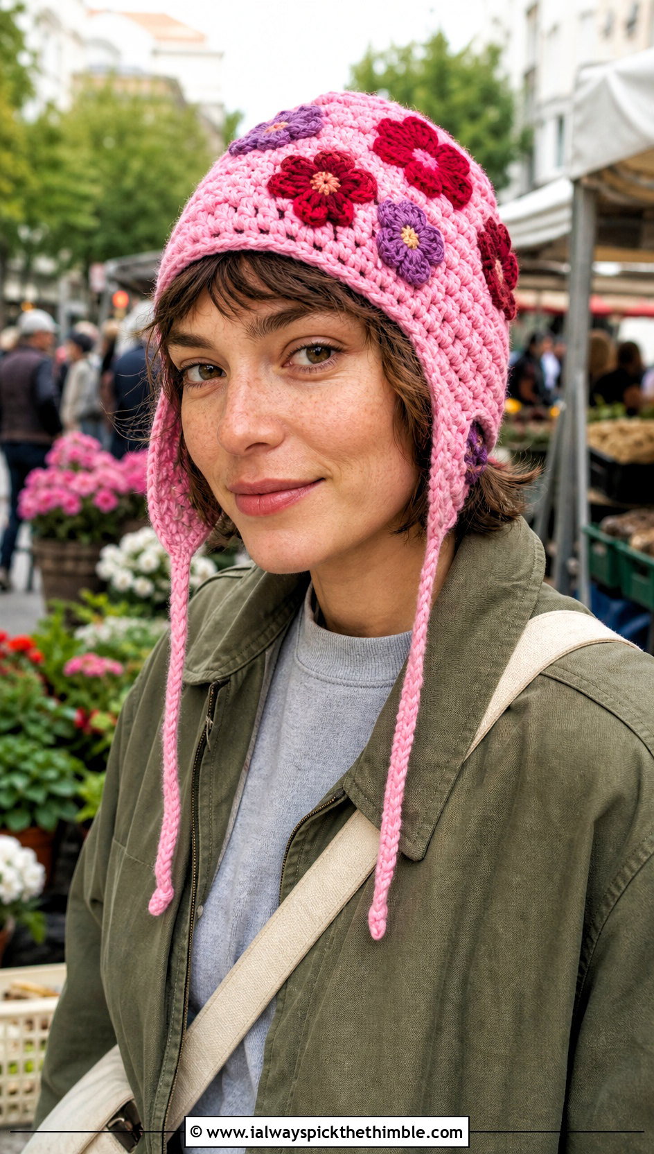 Floral Applique Crochet Ear Flap Beanie With Utility Jacket - 20 crochet ear flap beanie outfit ideas
