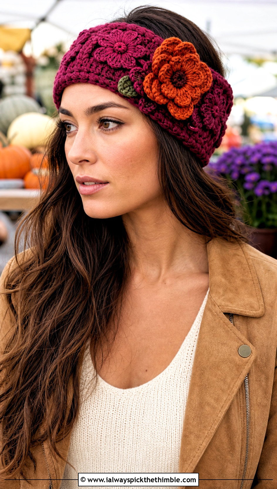 Floral Applique Crochet Ear Warmer With Maxi Dress - 25 crochet ear warmer outfit ideas