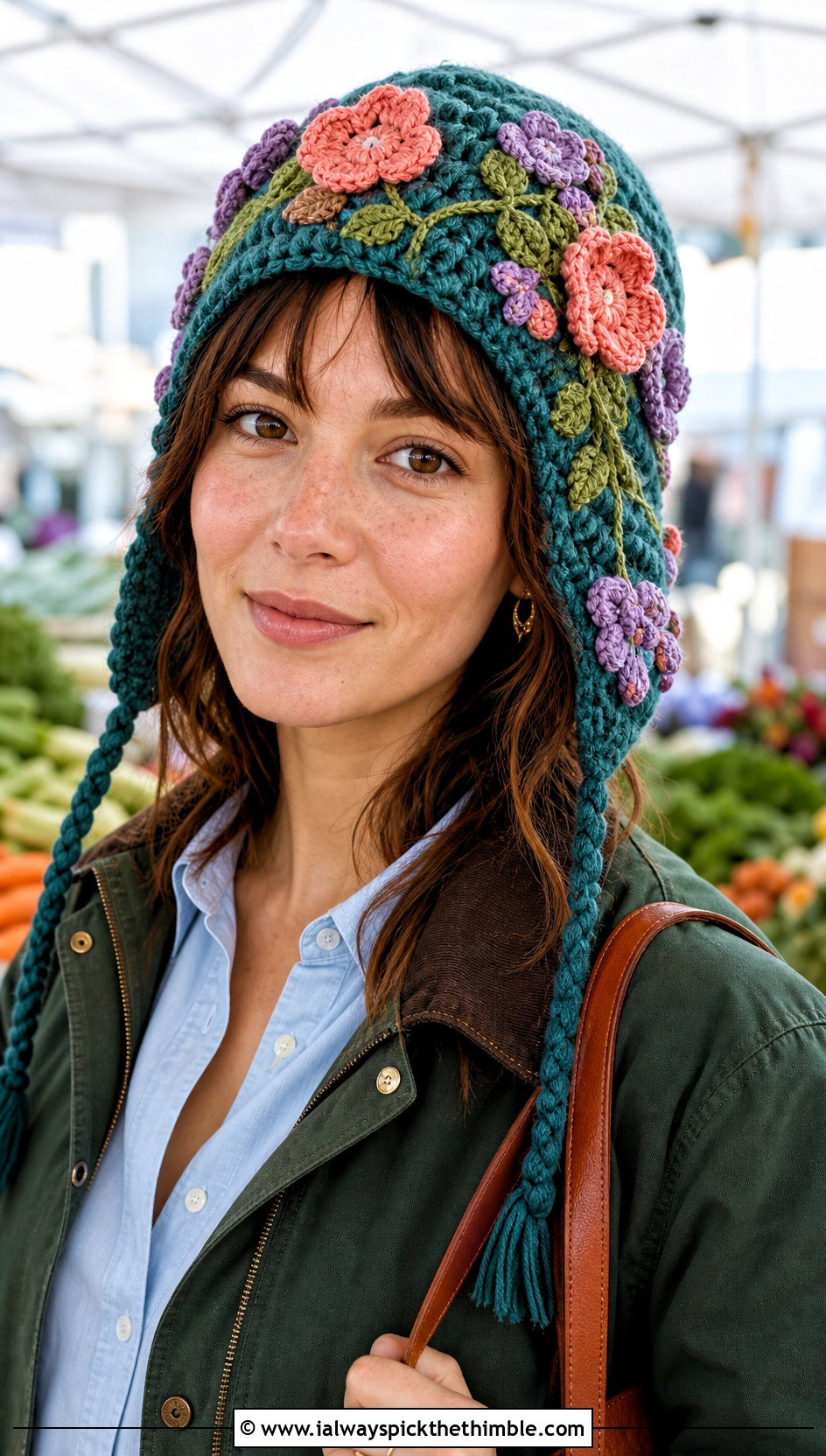 Floral Applique Crochet Earflap Hat With Barn Jacket - 25 crochet earflap hat outfit ideas