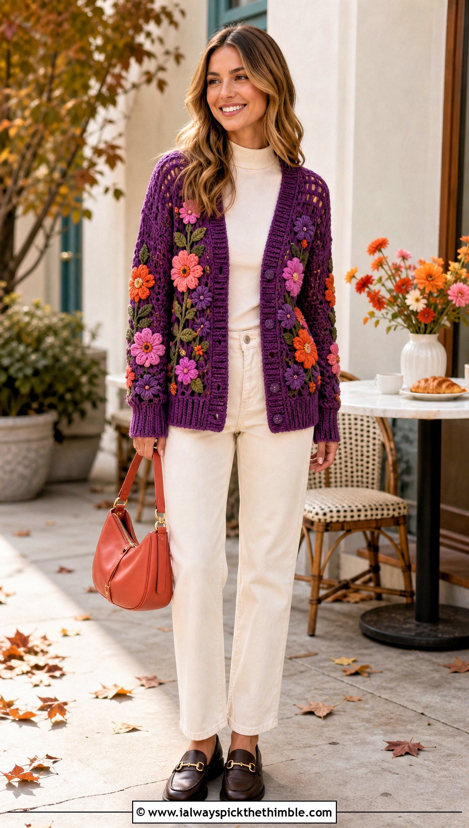 Floral Applique Crochet Fall Cardigan With Ecru Jeans - 25 crochet fall cardigan outfit ideas
