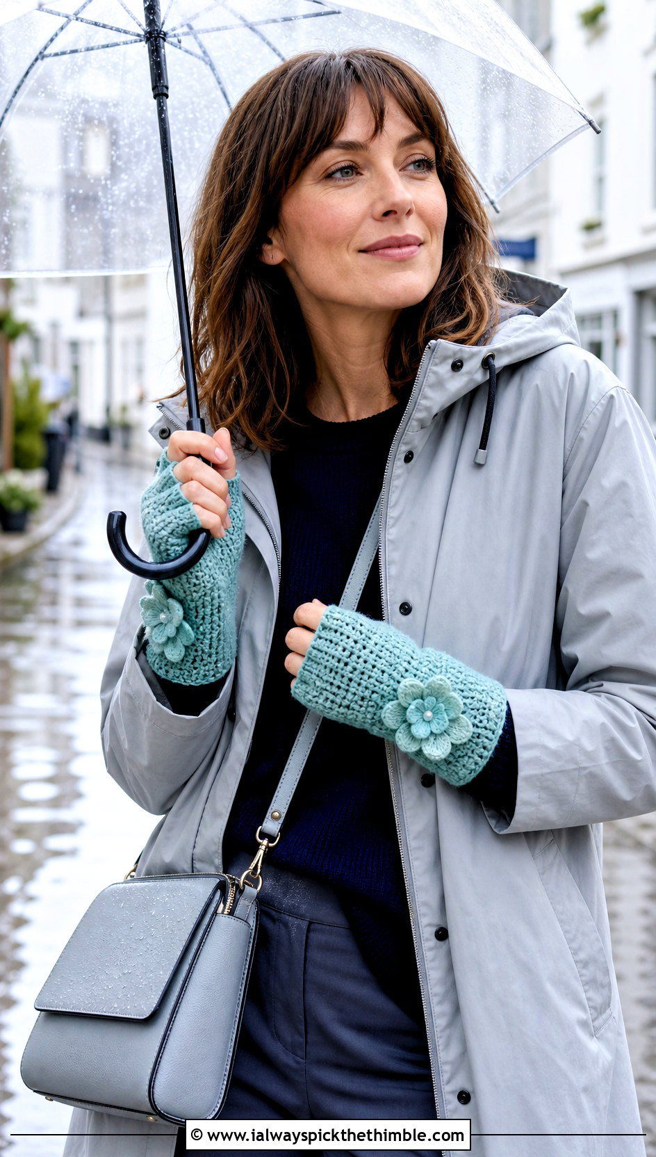 Floral Applique Crochet Fingerless Mittens With Raincoat And Trousers - 20 crochet fingerless mittens outfit ideas