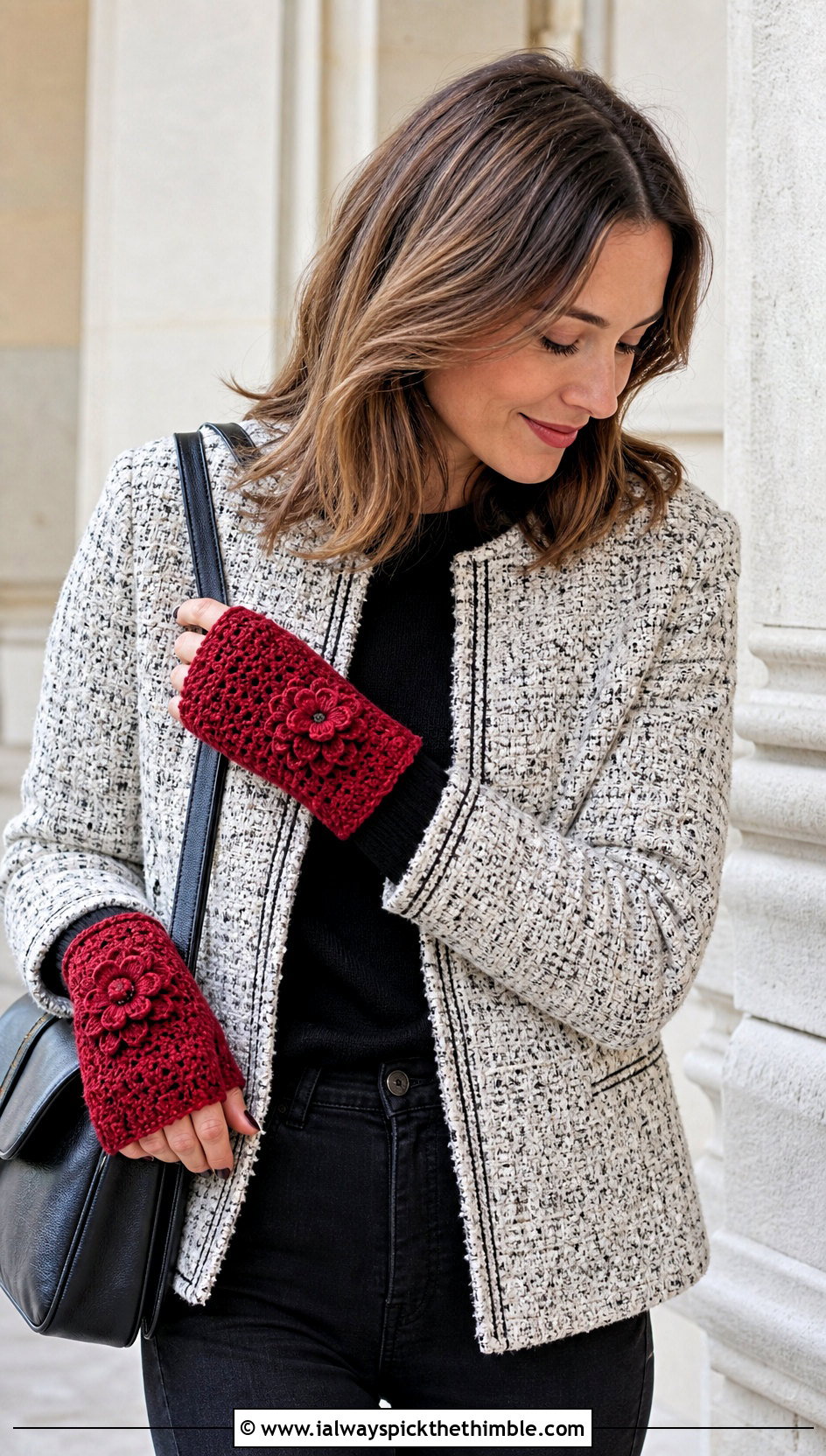 Floral Applique Crochet Fingerless Mitts With Tweed Jacket - 20 crochet half gloves fingerless mitts outfit ideas