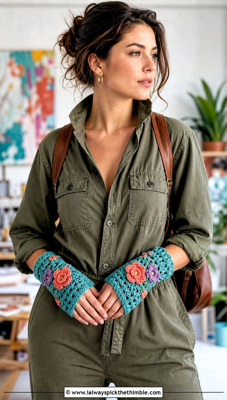 Floral Applique Crochet Fingerless Mitts With Utility Jumpsuit - 20 Crochet Fingerless Mitts outfit ideas