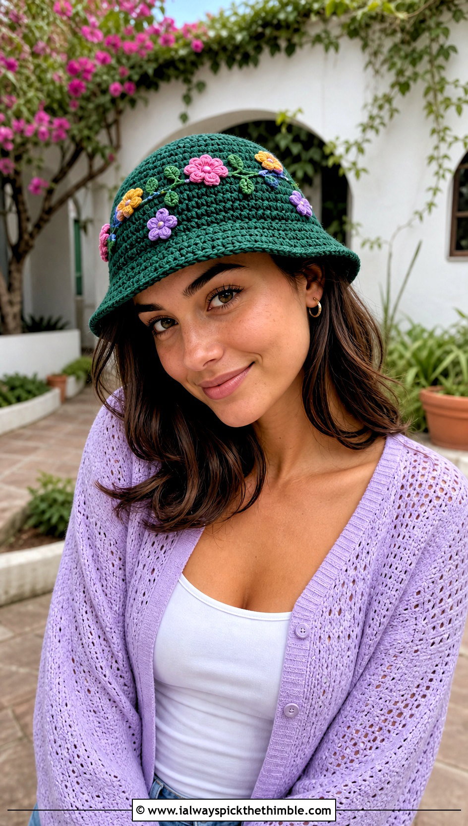 Floral Applique Crochet Fisherman Beanie With Cardigan - 25 crochet fisherman beanie outfit ideas