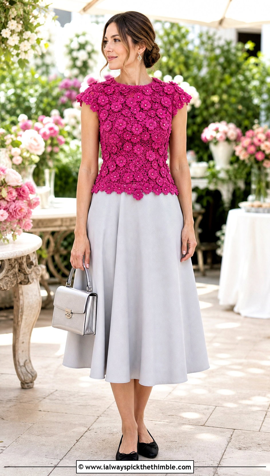 Floral Applique Crochet Fitted Top With A Line Skirt - 25 crochet fitted top outfit ideas