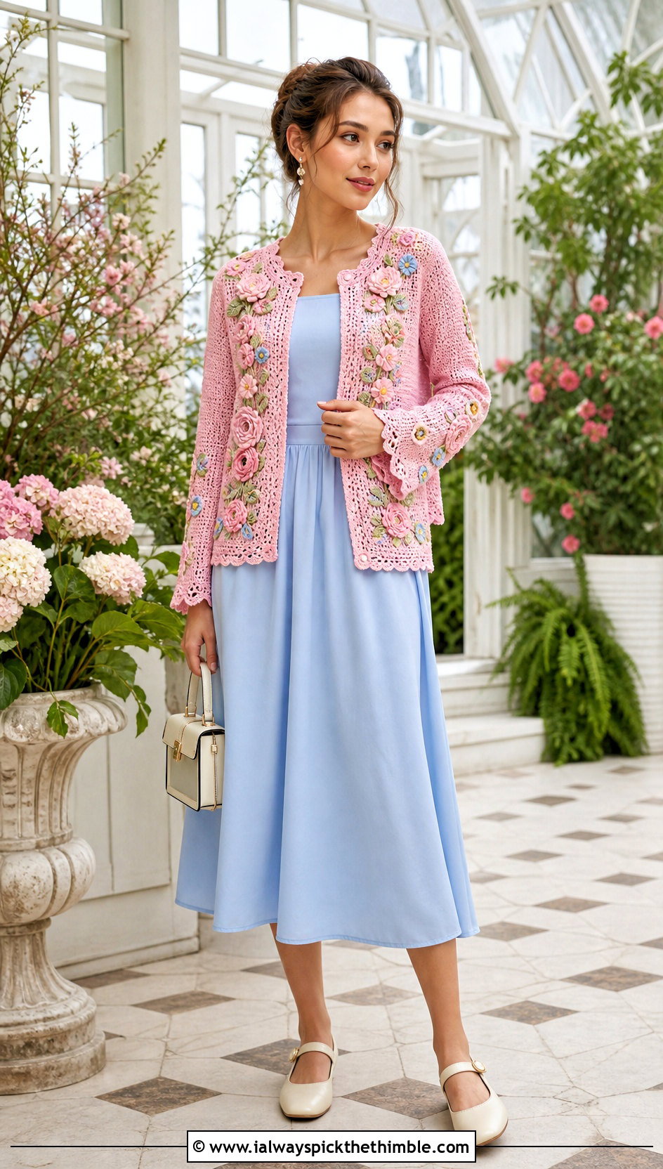 Floral Applique Crochet Folklore Cardigan With Midi Dress - 25 crochet folklore cardigan outfit ideas