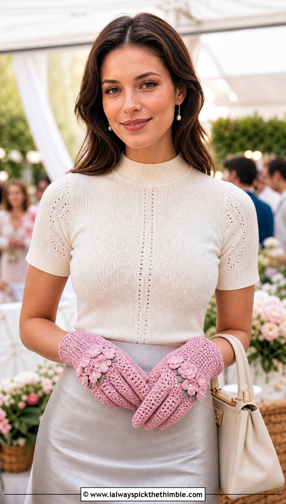 Floral Applique Crochet Gloves With Satin Midi Skirt - 20 crochet glove outfit ideas