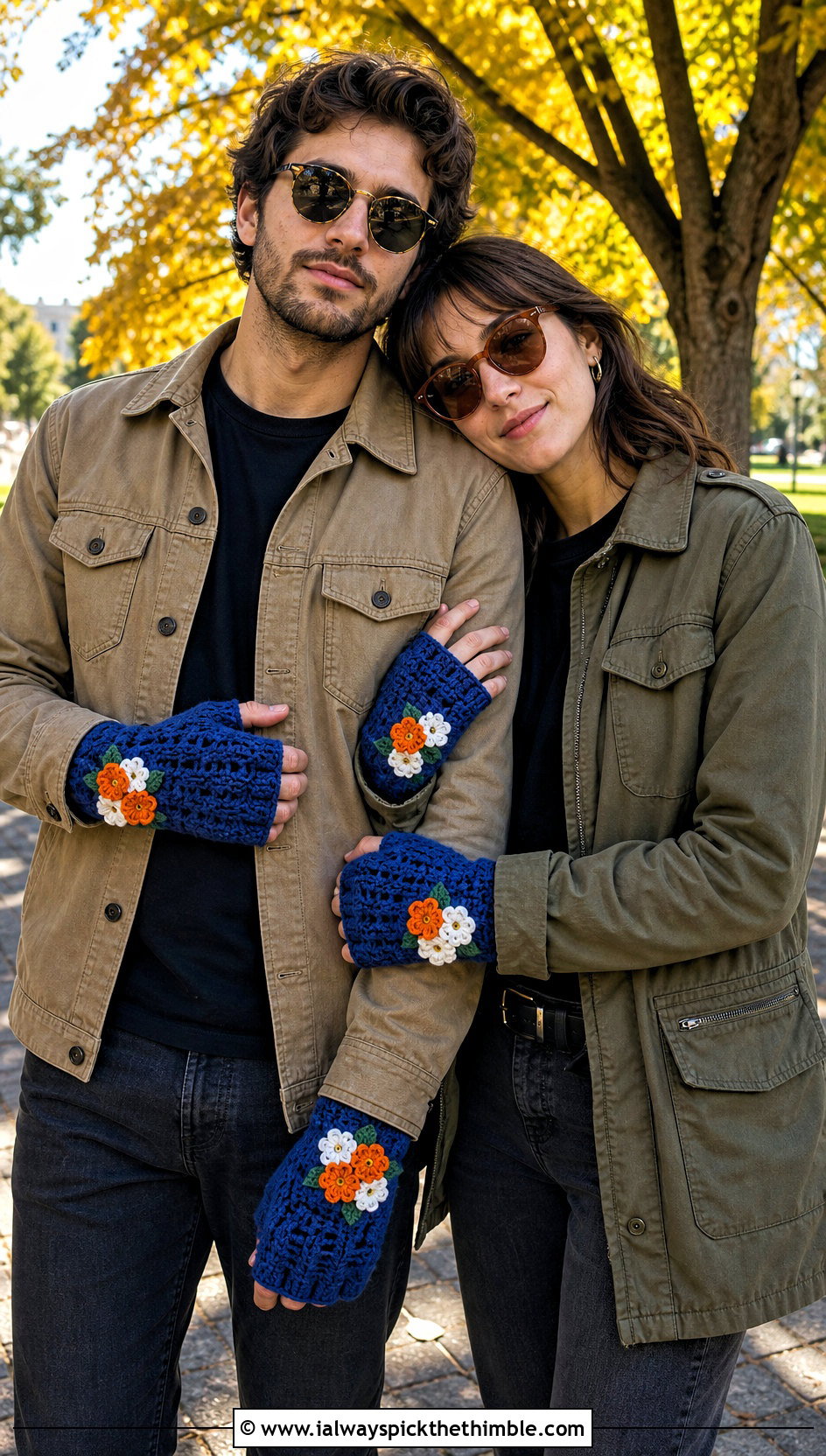 Floral Applique Crochet Gloves With Utility Jackets - 20 Crochet Gloves For Couples outfit ideas