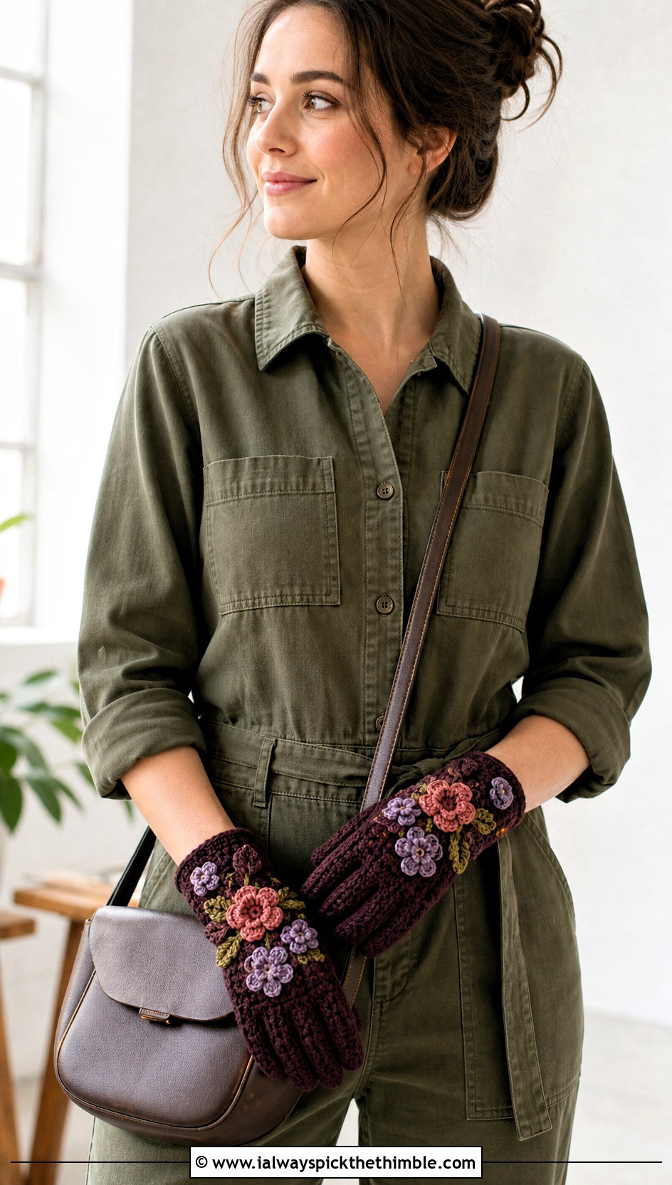 Floral Applique Crochet Gloves With Utility Jumpsuit - 25 crochet gloves outfit ideas