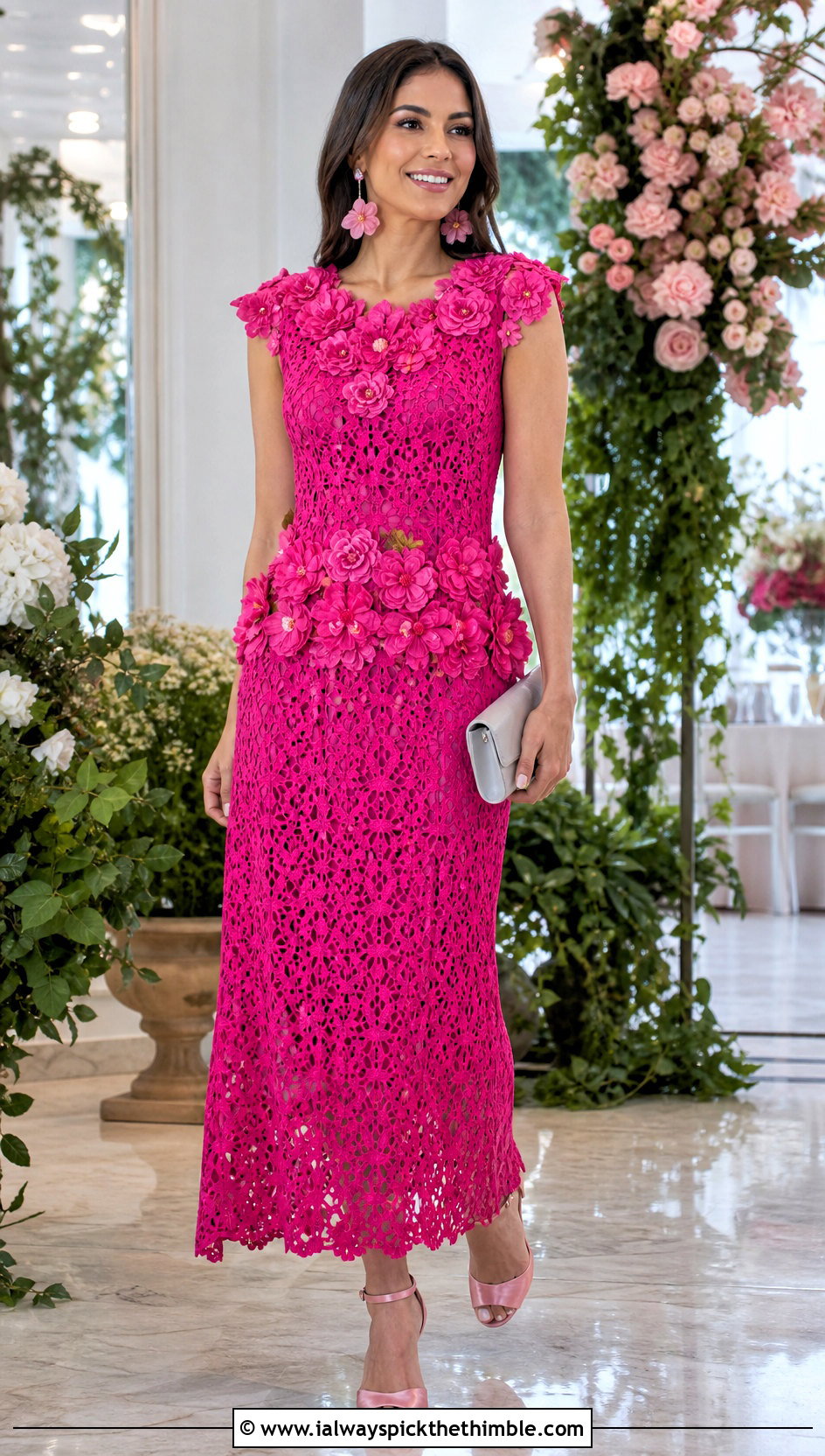 Floral Applique Crochet Gown With Satin Heels - 25 crochet formal dress outfit ideas