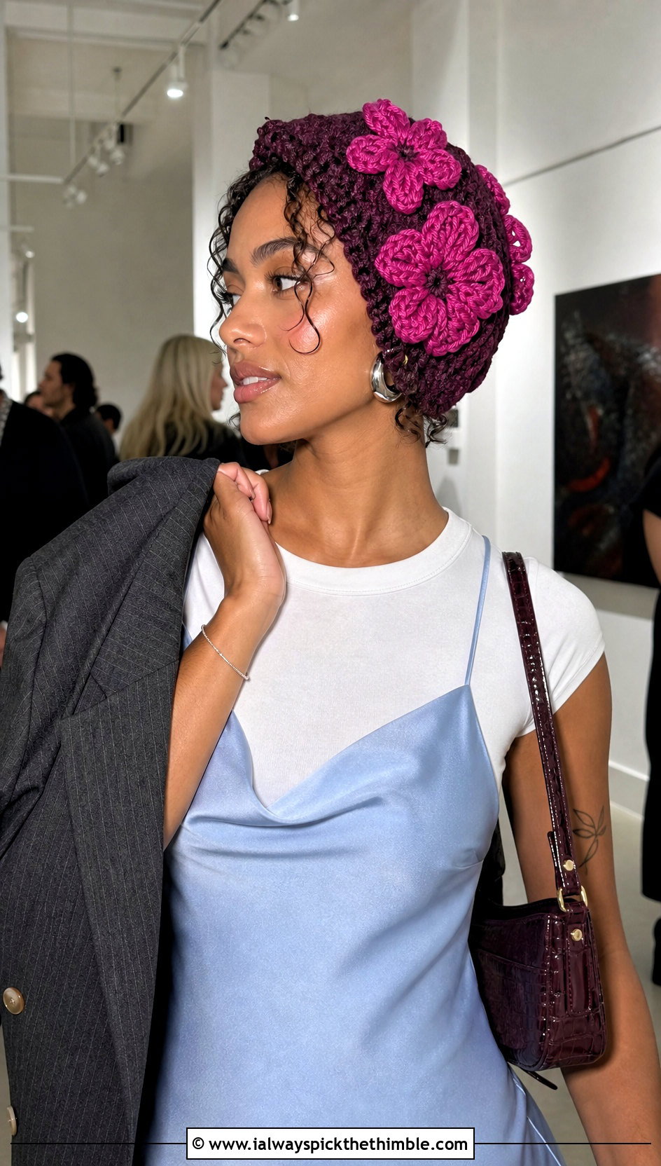 Floral Applique Crochet Hair Bonnet With Slip Dress - 20 Crochet Hair Bonnet outfit ideas