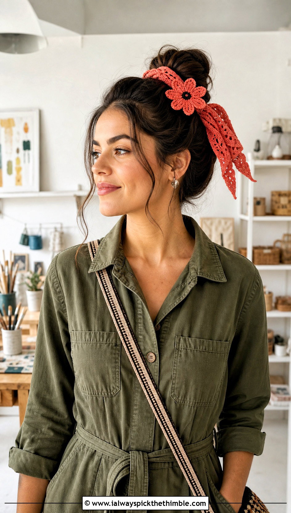 Floral Applique Crochet Hair Tie Scarf With Utility Jumpsuit - 20 crochet hair tie scarf outfit ideas