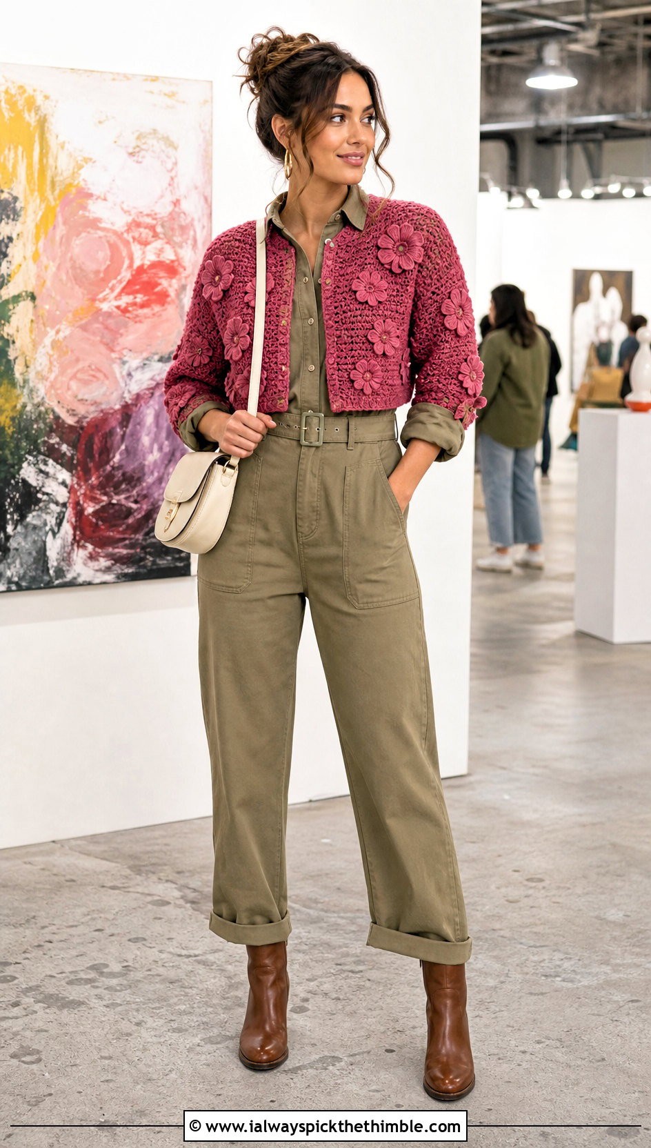Floral Applique Crochet Half Sweater With Utility Jumpsuit - 25 crochet half sweater outfit ideas