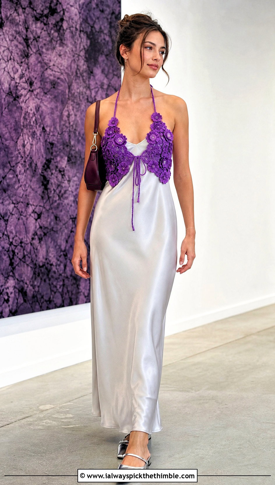 Floral Applique Crochet Halter Bralette Over A Slip Dress - 15 Crochet Halter Bralette outfit ideas