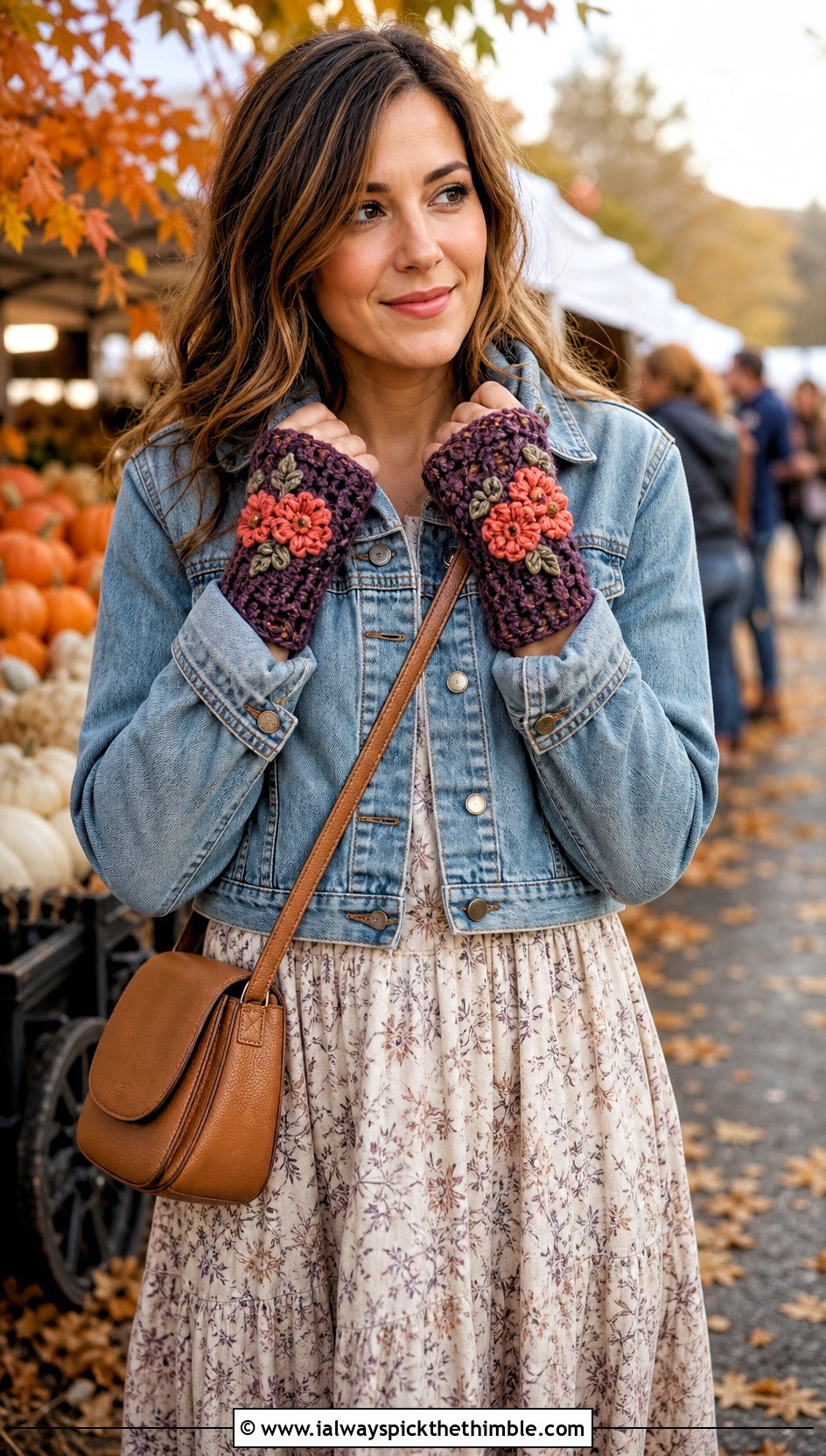 Floral Applique Crochet Hand Warmers With Prairie Dress - 20 easy crochet hand warmers outfit ideas
