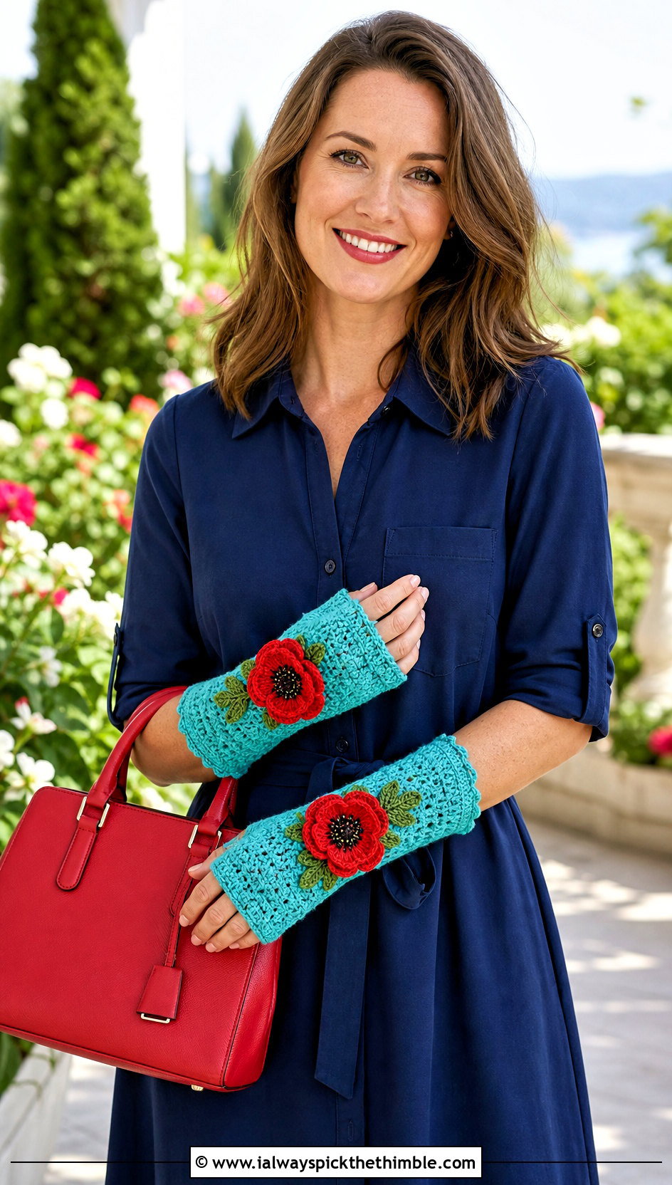 Floral Applique Crochet Hand Warmers With Shirt Dress - 25 crochet hand warmers outfit ideas