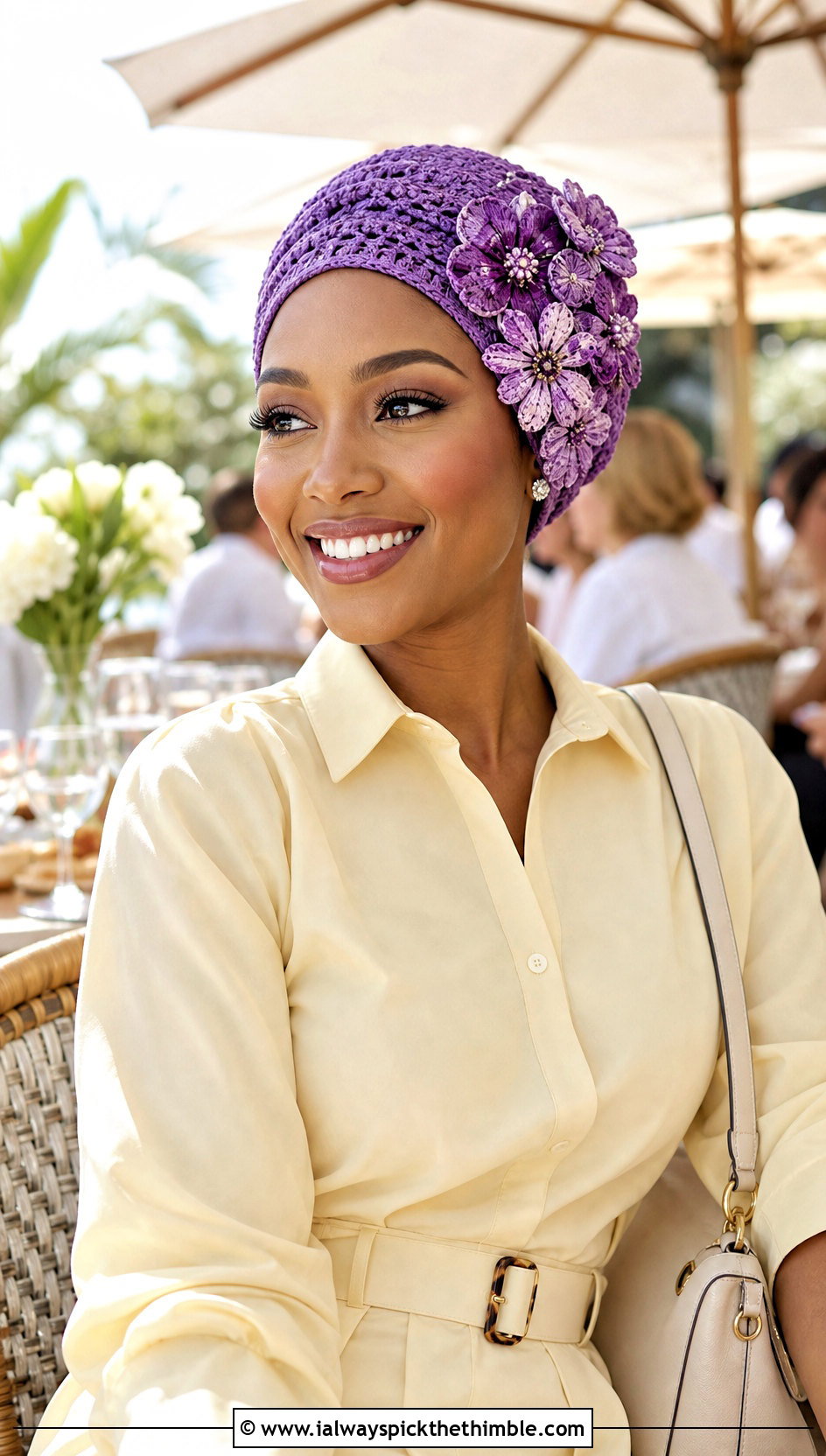 Floral Applique Crochet Head Wrap With Shirt Dress - 20 crochet head wrap outfit ideas