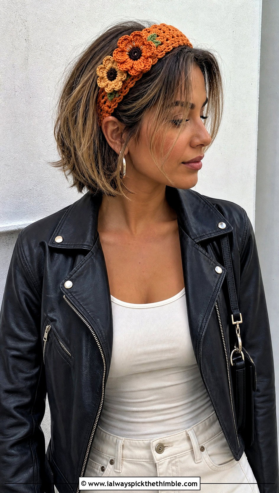 Floral Applique Crochet Headband With Leather Jacket - 20 crochet headband for short hair outfit ideas
