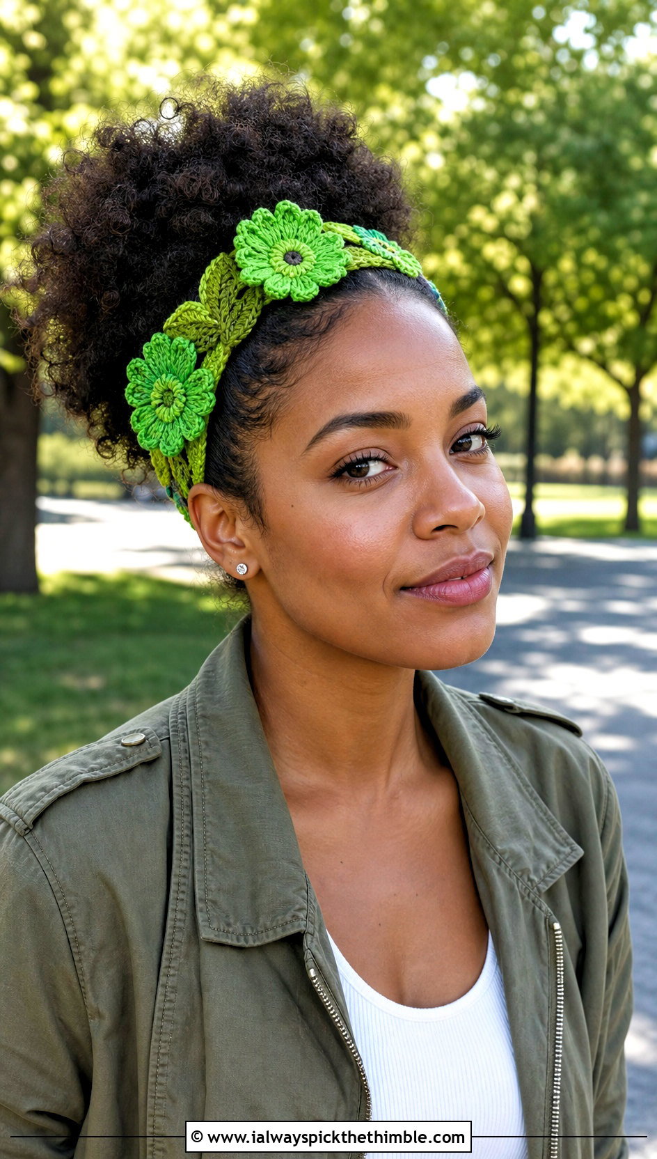 Floral Applique Crochet Headband With Utility Jacket And Cargo Pants - 20 crochet hair headband outfit ideas