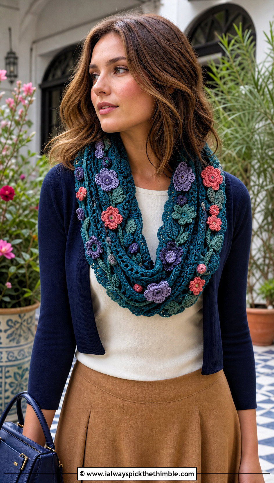 Floral Applique Crochet Infinity Scarf With Cardigan - 20 infinite crochet scarf outfit ideas