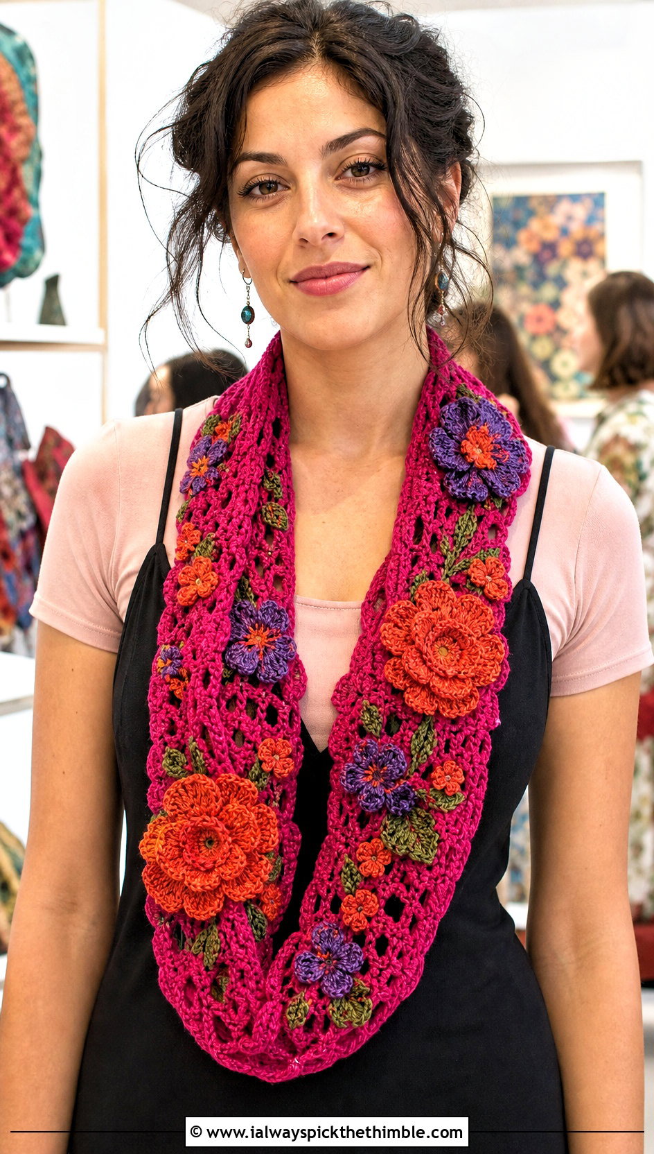 Floral Applique Crochet Infinity Scarf With Slip Dress - 20 easy crochet infinity scarf outfit ideas