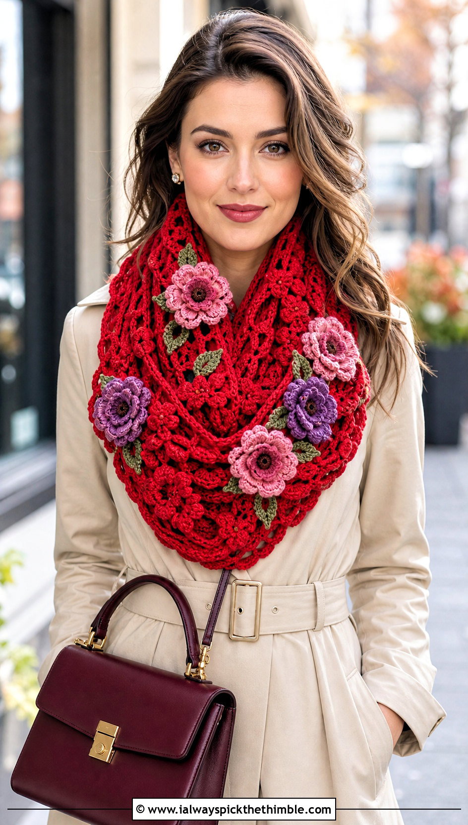 Floral Applique Crochet Infinity Scarf With Trench Dress - 25 crochet infinity scarf outfit ideas