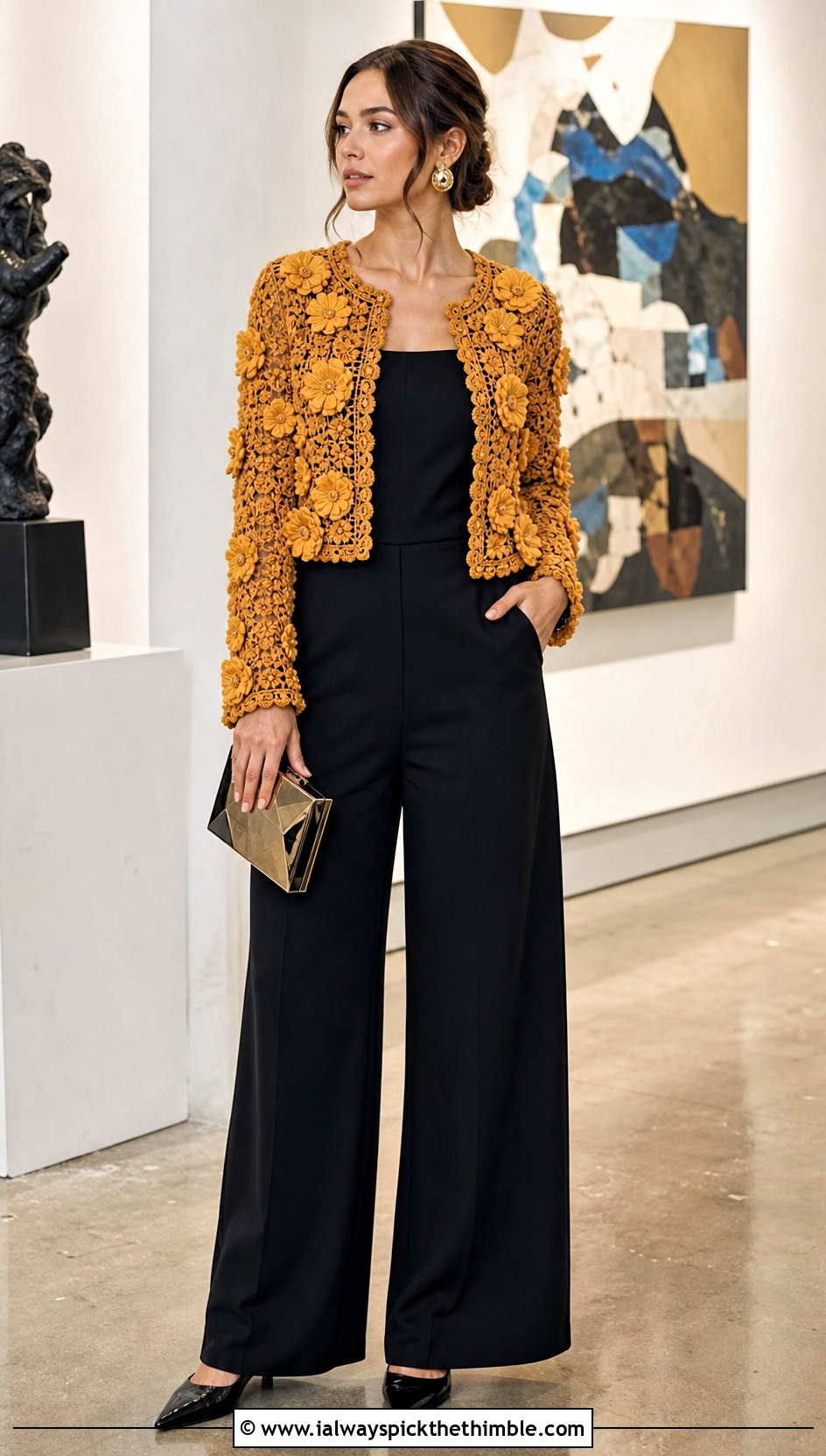 Floral Applique Crochet Jacket With Black Jumpsuit - 25 easy crochet jacket outfit ideas