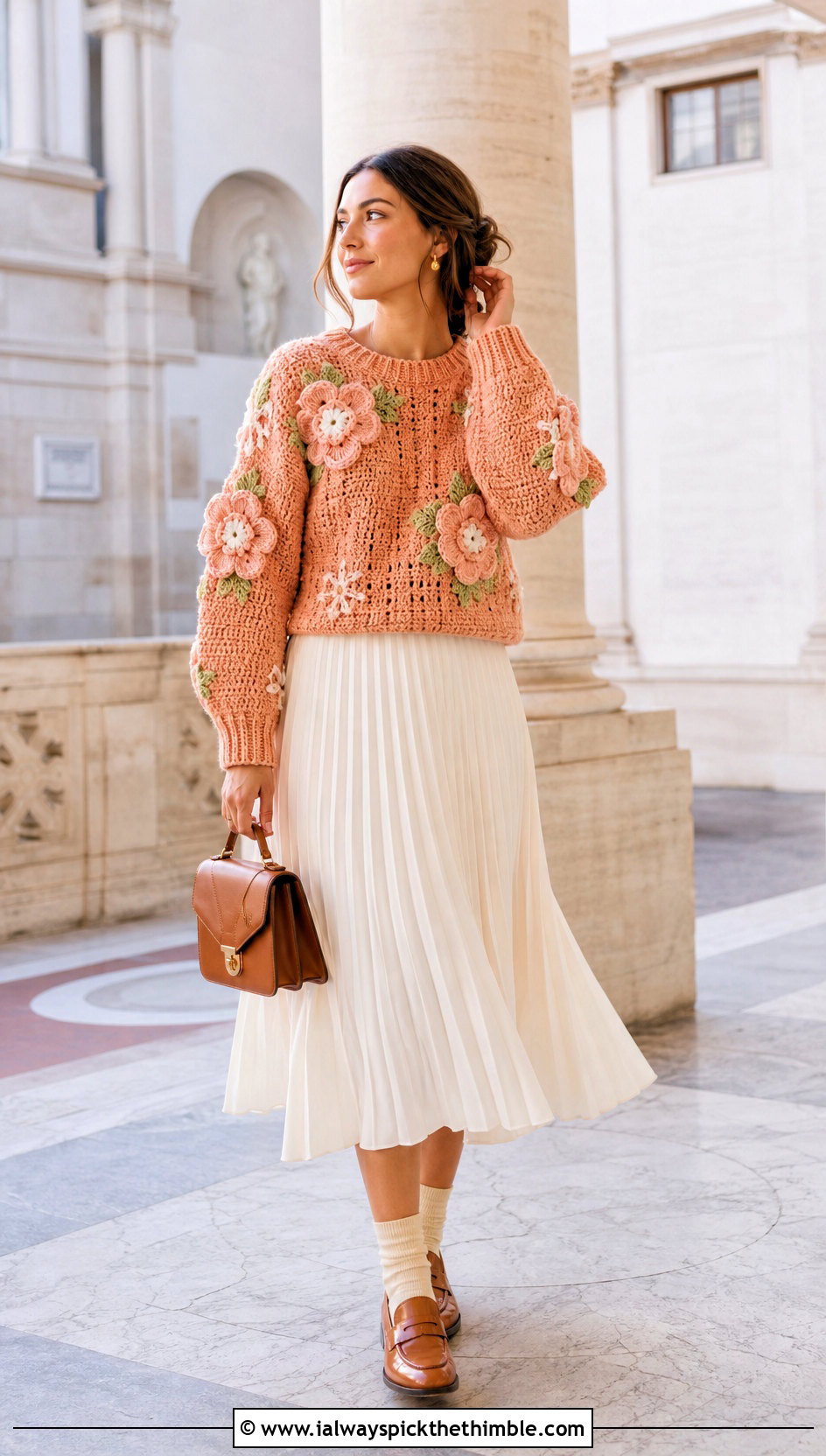 Floral Applique Crochet Jumper With Pleated Skirt - 15 Ladies Crochet Jumper outfit ideas