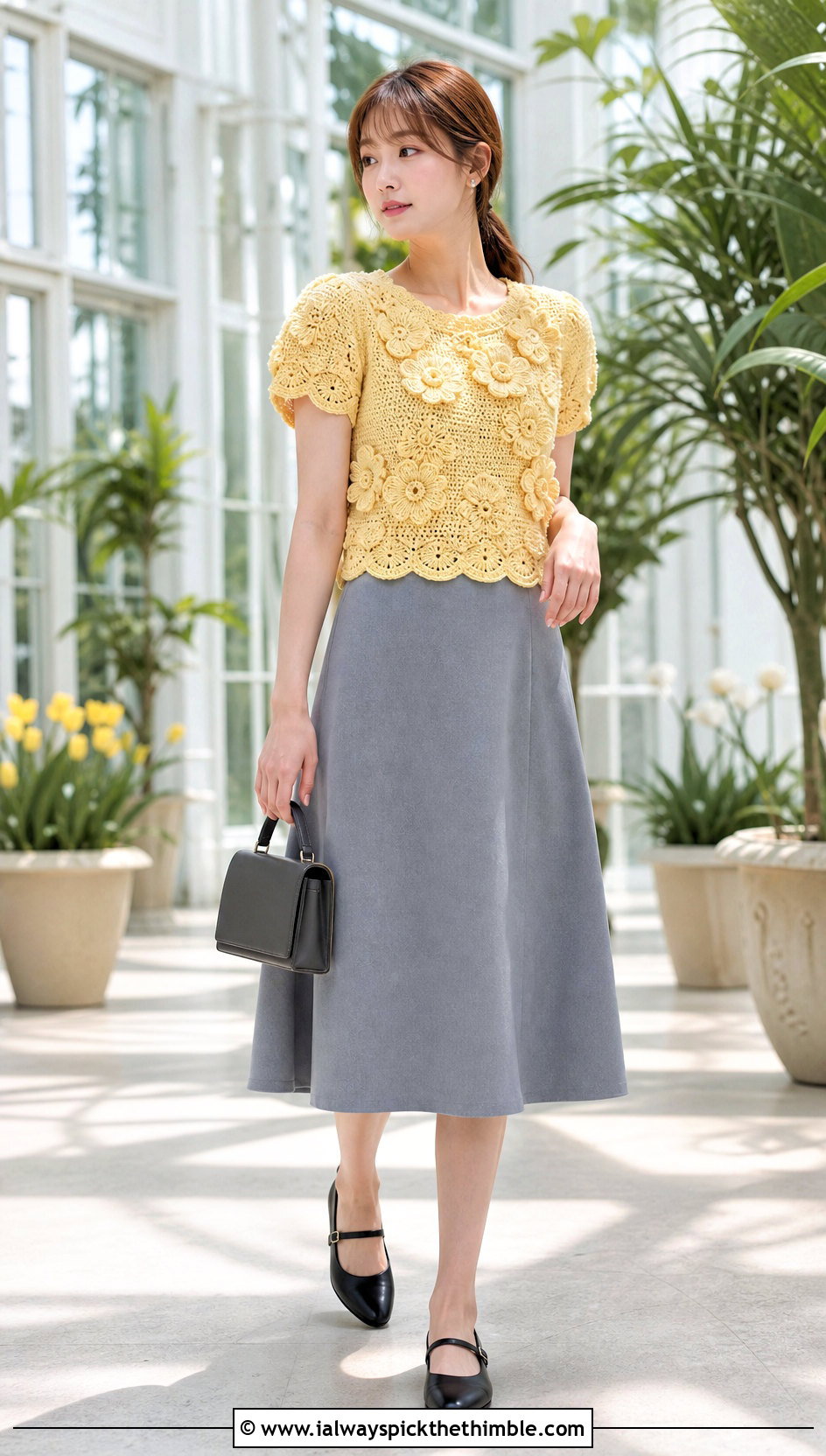 Floral Applique Crochet Knit Top With A Line Skirt - 25 crochet knit top outfit ideas