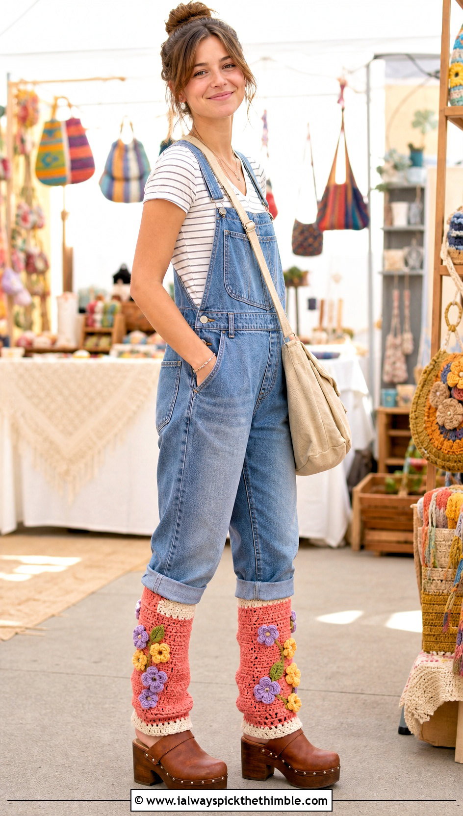 Floral Applique Crochet Leg Warmers With Overalls And Clogs - 20 Crochet Legwarmer outfit ideas