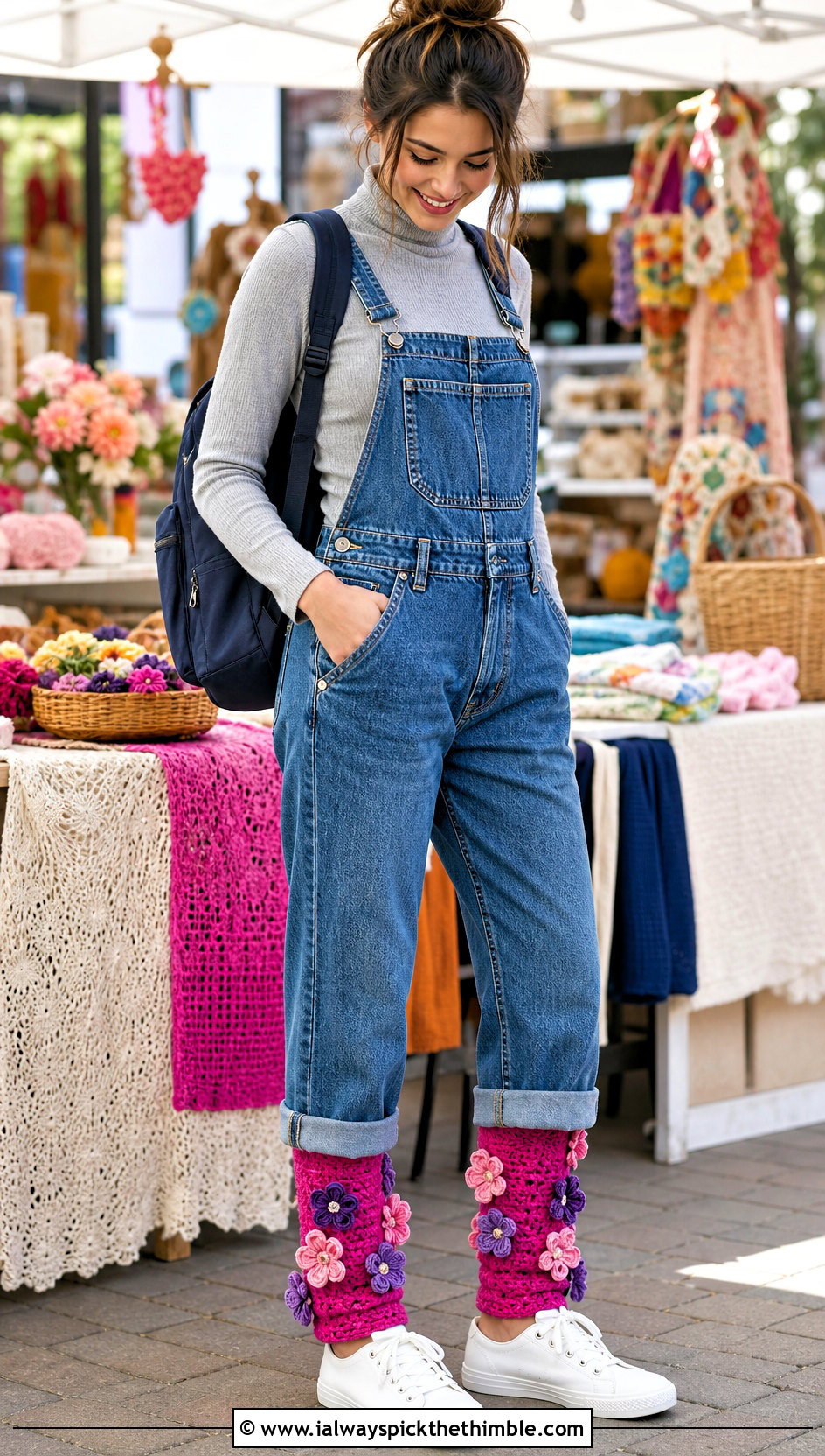 Floral Applique Crochet Leg Warmers With Overalls - 25 crochet leg warmer outfit ideas