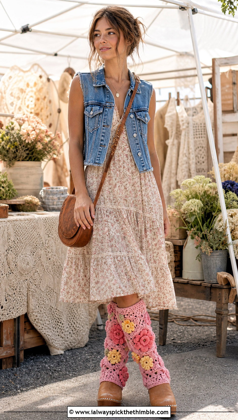 Floral Applique Crochet Leg Warmers With Prairie Dress And Clogs - 25 crochet leg warmers outfit ideas